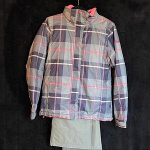 Olive green and coral plaid insulated Roxy jacket and snow pant